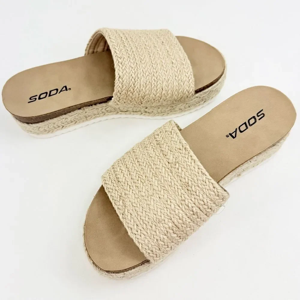 Soda PROCESS Beige Jute Open Toe Platform Espadrille Slide Sandals